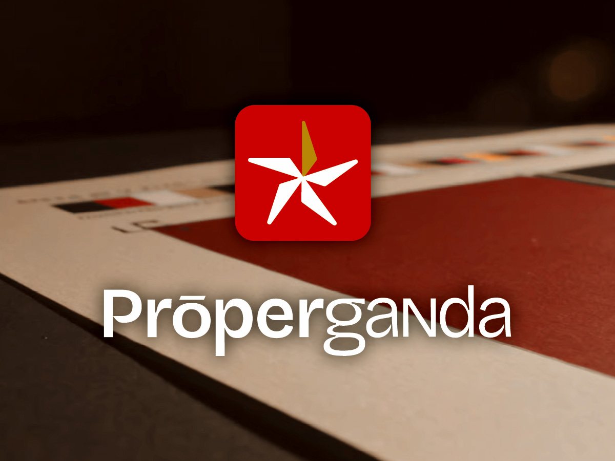 Properganda logo, a red star icon above the wordmark, over a brand-guide spread