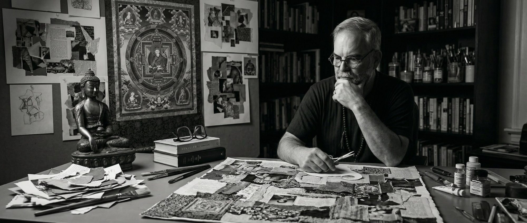 Ericson at his studio table cutting a collage, with a thangka, a Buddha statue and bookshelves behind him